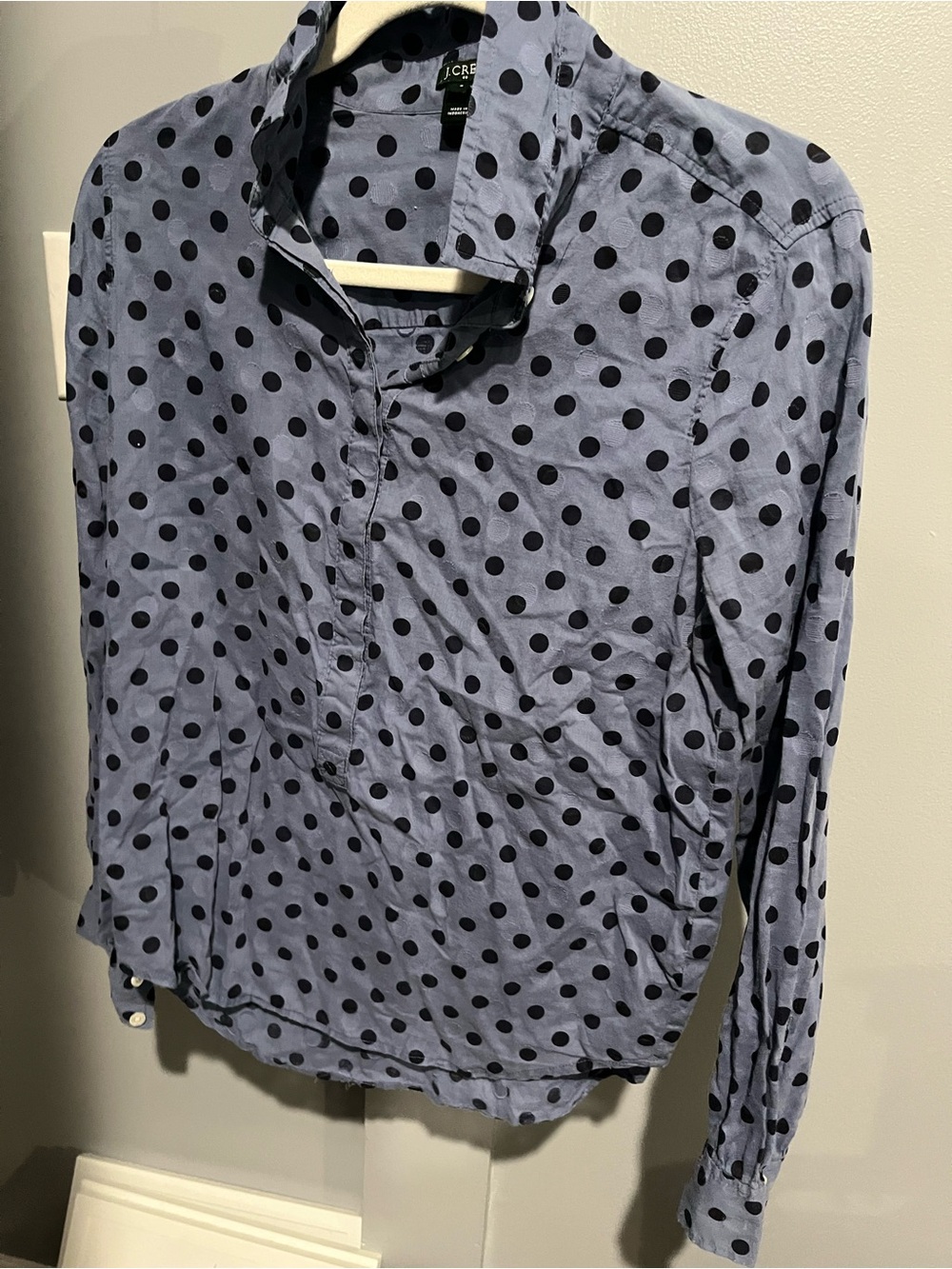 J. Crew Light Blue Popover Shirt with Black Polka Dots